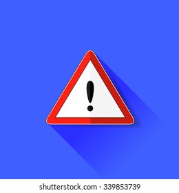 Vector Exclamation Danger Sign Isolated on Blue Background. Long Shadow