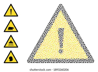 Vector exclamation warning icon coronavirus mosaic. Exclamation warning mosaic is designed of tiny covid virulent parts. Abstraction designed for doctor posters.