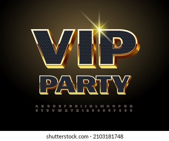 Vector exclusive flyer Vip Party. 3D stylish Font. Black and Gold luxury Alphabet Letters and Numbers set