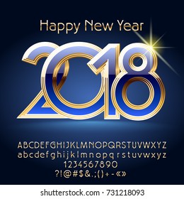 Tarjeta de felicitación de Feliz Año Nuevo 2018 exclusiva para vectores con conjunto de letras, símbolos y números alfabetos. El tipo de letra dorada contiene el estilo gráfico