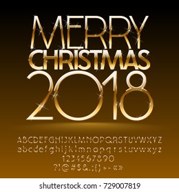 Vector exclusive Merry Christmas 2018 greeting card with Alphabet set of Letters, Symbols and Numbers. Golden Font contains Graphic Style