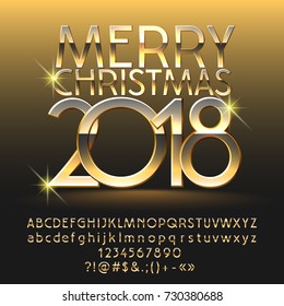 Vector exclusive Merry Christmas 2018 greeting card with Alphabet set of Letters, Symbols and Numbers. Golden Font contains Graphic Style