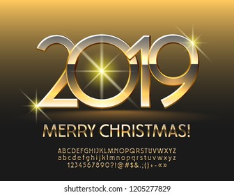 Vector exclusive Merry Christmas 2019 Greeting Card with Alphabet set of Letters, Symbols and Numbers. Unique Golden Font 