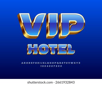 Vector Logotipo de estilo exclusivo VIP Hotel. Fuente 3D de lujo. Conjunto de letras y números de Premium Alphabet azul y dorado