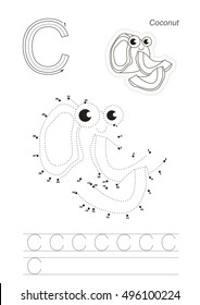 Vector exercise for alphabet with kid educational games to learn handwriting, with easy game level for preschool children. Connect dots by numbers. Tracing worksheet for letter C. Coconut.