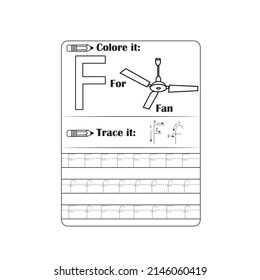 Vector exercise illustrated alphabet for child. Tracing worksheet for letter F. Learn handwriting and coloring.
