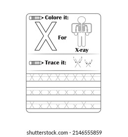 Vector exercise illustrated alphabet for child. Tracing worksheet for letter X. Learn handwriting and coloring.