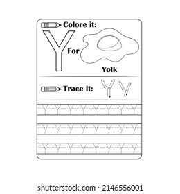 Vector exercise illustrated alphabet for child. Tracing worksheet for letter Y. Learn handwriting and coloring.