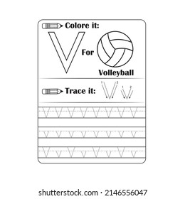 Vector exercise illustrated alphabet for child. Tracing worksheet for letter V. Learn handwriting and coloring.