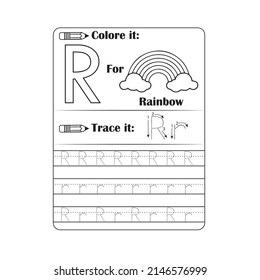 Vector exercise illustrated alphabet for child. Tracing worksheet for letter R. Learn handwriting and coloring.