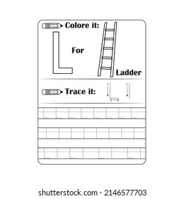 Vector exercise illustrated alphabet for child. Tracing worksheet for letter L. Learn handwriting and coloring.