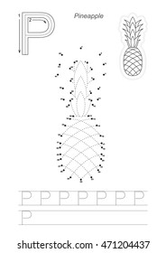 Vector exercise illustrated alphabet. Connect dots by numbers. Easy educational kid game. Simple level of difficulty. Tracing worksheet for letter P. The sweet pineapple.