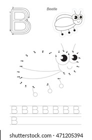 Vector exercise illustrated alphabet. Connect dots by numbers. Easy educational kid game. Simple level of difficulty. Tracing worksheet for letter B. The cute beetle.