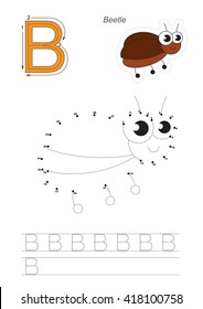 Vector exercise illustrated alphabet. Gaming and education. Learn handwriting. Connect dots by numbers. Kid game. Tracing worksheet for letter B. The bug.