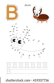 Vector exercise illustrated alphabet. Gaming and education. Learn handwriting. Connect dots by numbers. Kid game. Tracing worksheet for letter B. The big beetle.