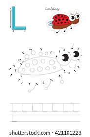 Vector exercise illustrated alphabet. Gaming and education. Learn handwriting. Connect dots by numbers. Kid game. Tracing worksheet for letter L. Ladybug.