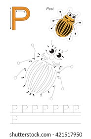 Vector exercise illustrated alphabet. Gaming and education. Learn handwriting. Connect dots by numbers. Kid game. Tracing worksheet for letter P. Potato Beetle.