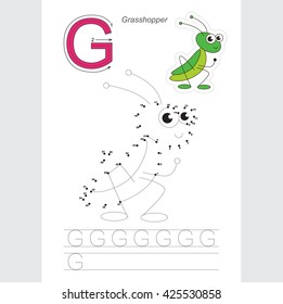 Vector exercise illustrated alphabet. Gaming and education. Learn handwriting. Connect dots by numbers. Kid game. Tracing worksheet for letter G. The grasshopper.