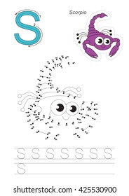 Vector exercise illustrated alphabet. Gaming and education. Learn handwriting. Connect dots by numbers. Kid game. Tracing worksheet for letter S. The Scorpio.