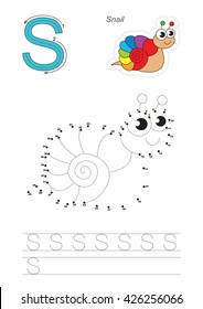 Vector exercise illustrated alphabet. Gaming and education. Learn handwriting. Connect dots by numbers. Kid game. The easy level. Tracing worksheet for letter S. The rainbow snail.