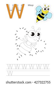 Vector exercise illustrated alphabet. Gaming and education. Learn handwriting. Connect dots by numbers. Easy educational kid game. Simple level of difficulty. Tracing worksheet for letter W. The wasp.