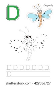 Vector exercise illustrated alphabet. Gaming and education. Learn handwriting. Connect dots by numbers. Easy educational kid game. Simple level of difficulty. Tracing worksheet for letter D.