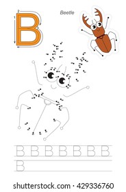 Vector exercise illustrated alphabet. Gaming and education. Learn handwriting. Connect dots by numbers. Easy educational kid game. Simple level of difficulty. Tracing worksheet for letter B.