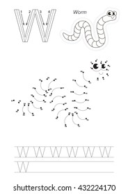 Vector exercise illustrated alphabet. Gaming and education. Learn handwriting. Connect dots by numbers. Easy educational kid game. Simple level of difficulty. Tracing worksheet for letter W. The worm.