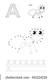 Vector exercise illustrated alphabet. Gaming and education. Learn handwriting. Connect dots by numbers. Easy educational kid game. Tracing worksheet for letter A. The Ant. Colorless version.