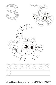 Vector exercise illustrated alphabet. Gaming and education. Learn handwriting. Connect dots by numbers. Easy educational kid game. Simple game level. Tracing worksheet for letter S. Cute scorpion.