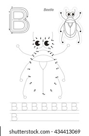 Vector exercise illustrated alphabet. Gaming and education. Connect dots by numbers. Easy educational kid game. Handwriting - simple game level. Tracing worksheet for letter B. Colorless Bug.