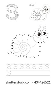Vector exercise illustrated alphabet. Gaming and education. Learn handwriting. Connect dots by numbers. Easy educational kid game. Simple level of difficulty. Tracing worksheet for letter S. Snail.