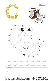 Vector exercise illustrated alphabet. Gaming and education. Learn handwriting. Connect dots by numbers. Easy educational kid game. Simple level of difficulty. Tracing worksheet for letter C. Coconut.