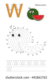 Vector exercise illustrated alphabet. Gaming and education. Learn handwriting. Connect dots by numbers. Easy educational kid game. Simple game level. Tracing worksheet for letter W. Watermelon.