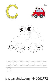 Vector exercise illustrated alphabet. Gaming and education. Learn handwriting. Connect dots by numbers. Easy educational kid game. Simple game level. Tracing worksheet for letter C. The red car.