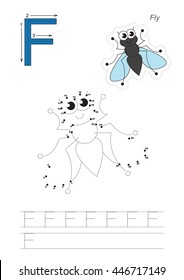 Vector exercise illustrated alphabet. Gaming and education. Learn handwriting. Connect dots by numbers. Easy educational kid game. Simple level of difficulty. Tracing worksheet for letter F. Fly.