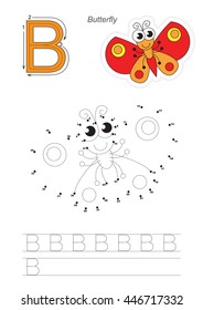 Vector exercise illustrated alphabet. Gaming and education. Learn handwriting. Connect dots by numbers. Easy educational kid game. Simple game level. Tracing worksheet for letter B. Butterfly.