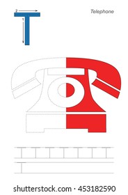 Vector exercise illustrated alphabet, kid gaming and education. Learn handwriting. Half trace game. Easy educational kid game. Tracing worksheet for letter T. Telephone.
