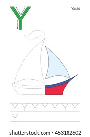 Vector exercise illustrated alphabet, kid gaming and education. Learn handwriting. Half trace game. Easy educational kid game. Tracing worksheet for letter Y. Yacht.