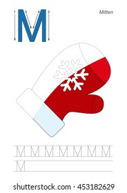 Vector exercise illustrated alphabet, kid gaming and education. Learn handwriting. Half trace game. Easy educational kid game. Tracing worksheet for letter M. Mitten.