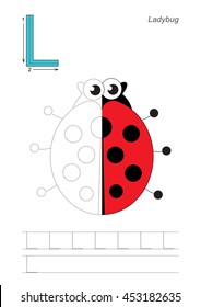 Vector exercise illustrated alphabet, kid gaming and education. Learn handwriting. Half trace game. Easy educational kid game. Tracing worksheet for letter L. Ladybug.