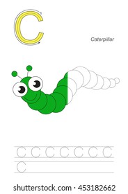 Vector exercise illustrated alphabet, kid gaming and education. Learn handwriting. Half trace game. Easy educational kid game. Tracing worksheet for letter C. Caterpillar.