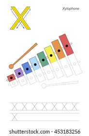 Vector exercise illustrated alphabet, kid gaming and education. Learn handwriting. Half trace game. Easy educational kid game. Tracing worksheet for letter X. Xylophone.