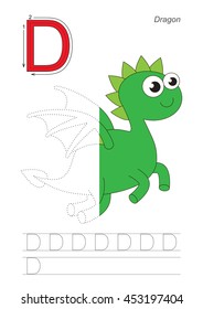 Vector exercise illustrated alphabet, kid gaming and education. Learn handwriting. Half trace game. Easy educational kid game. Tracing worksheet for letter D. Dragon.