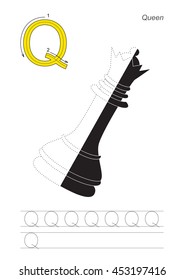 Vector exercise illustrated alphabet, kid gaming and education. Learn handwriting. Half trace game. Easy educational kid game. Tracing worksheet for letter Q. Queen.