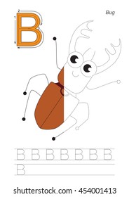 Vector exercise illustrated alphabet, kid gaming and education. Learn handwriting. Half trace game. Easy educational kid game. Tracing worksheet for letter B. The bug.