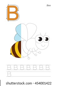 Vector exercise illustrated alphabet, kid gaming and education. Learn handwriting. Half trace game. Easy educational kid game. Tracing worksheet for letter B. The honeybee.
