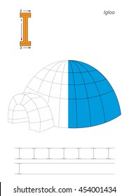 Vector exercise illustrated alphabet, kid gaming and education. Learn handwriting. Half trace game. Easy educational kid game. Tracing worksheet for letter I. Igloo.