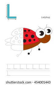 Vector exercise illustrated alphabet, kid gaming and education. Learn handwriting. Half trace game. Easy educational kid game. Tracing worksheet for letter L. Ladybug.