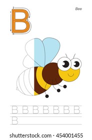 Vector exercise illustrated alphabet, kid gaming and education. Learn handwriting. Half trace game. Easy educational kid game. Tracing worksheet for letter B. The bee.